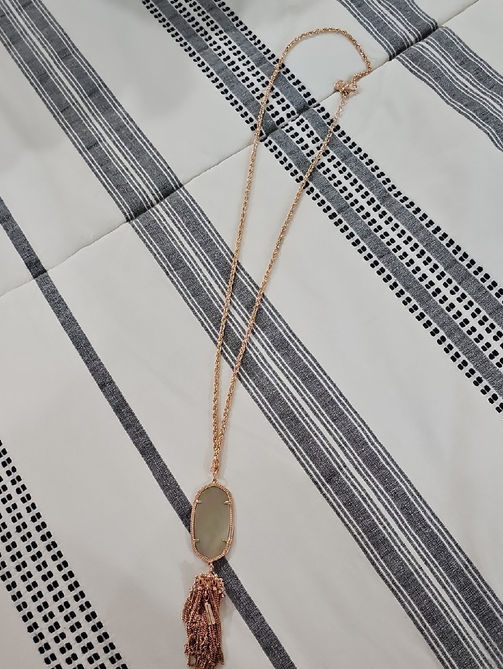 Kendra Scott Rose Gold Necklace with Pale Green Stone and Tassel